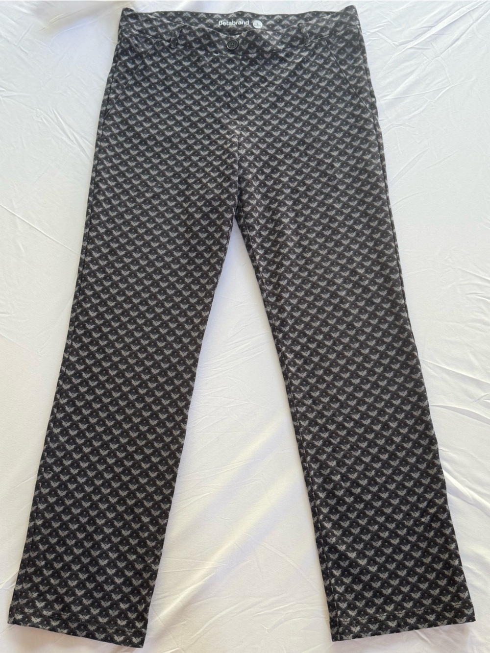 Betabrand Dress Pant Yoga Pants Bat Print Black Gray Size Large EUC